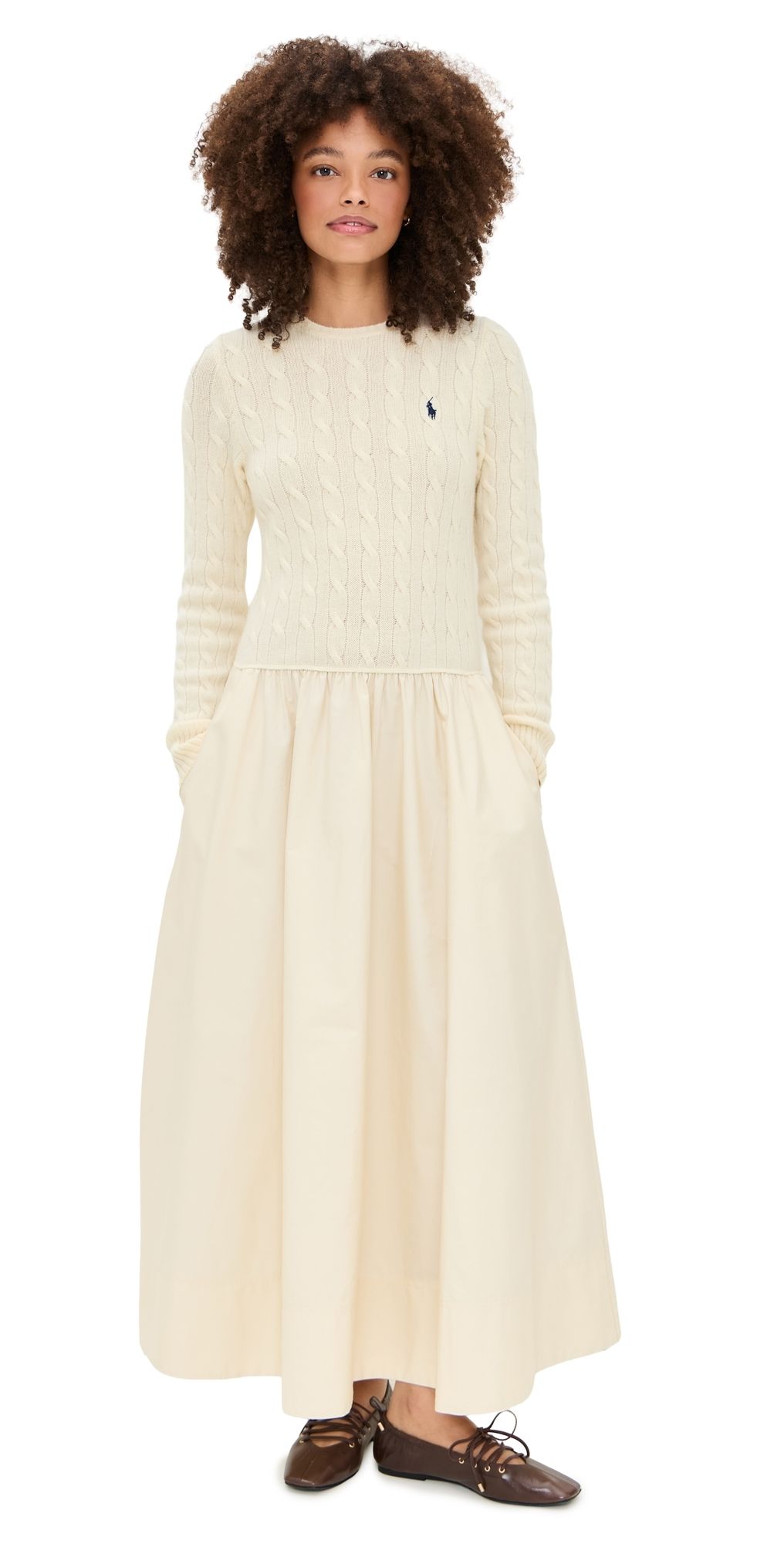 Polo Ralph Lauren Mixed Media Crew Neck Dress Authentic Cream M