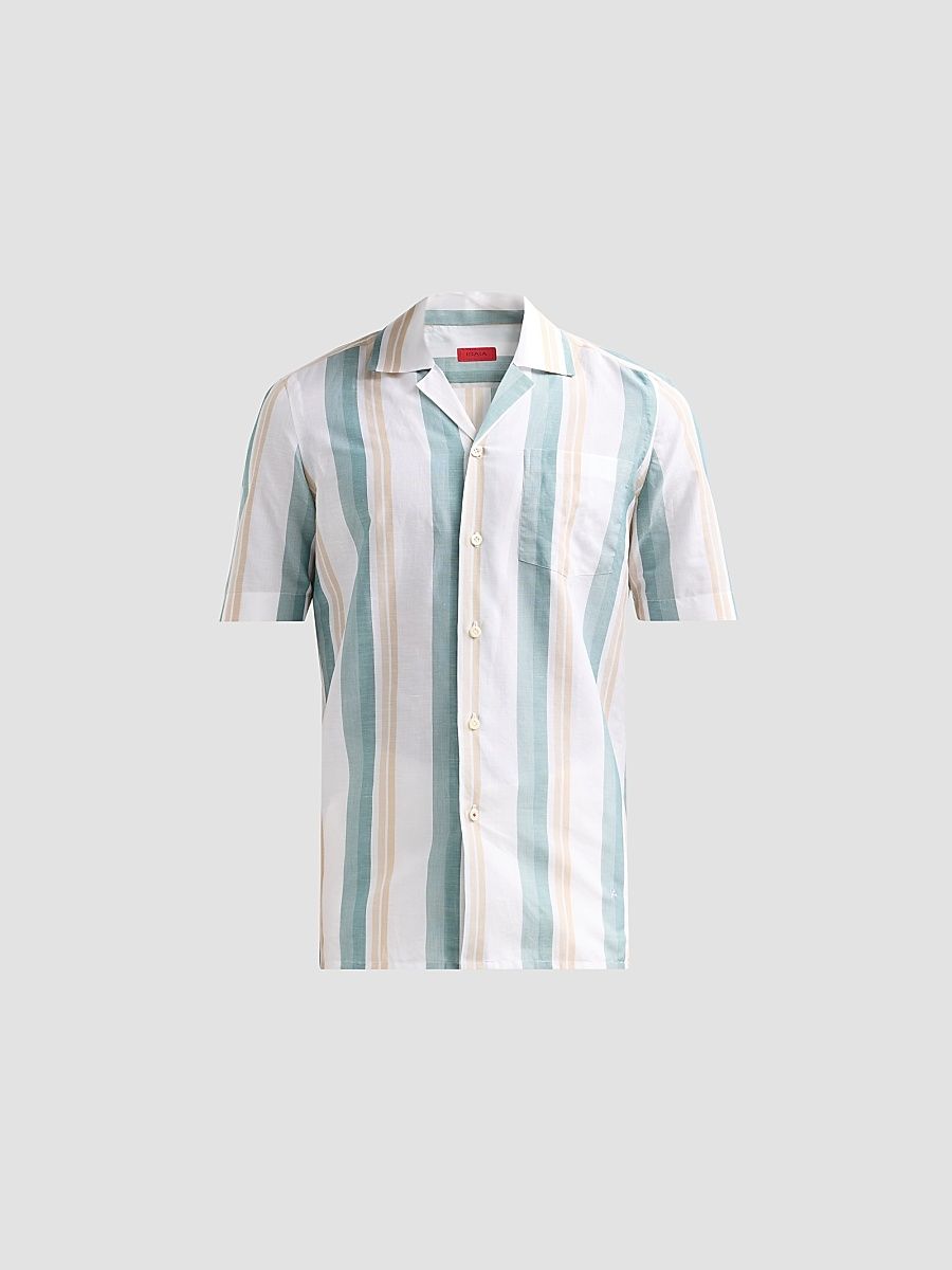 Men's Striped Cotton-Linen Camp Shirt - White Green - Size 17.5