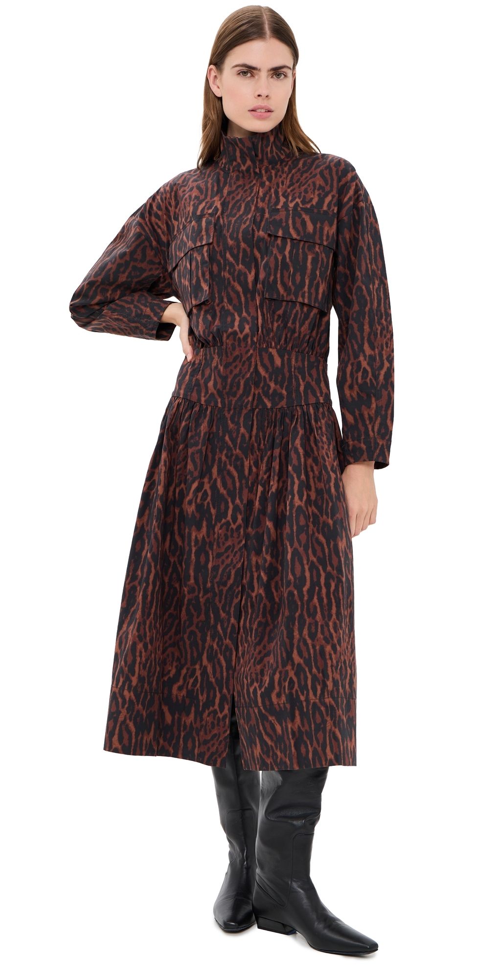 GANNI Printed Stretch Cotton Long Utility Dress Rawhide 40