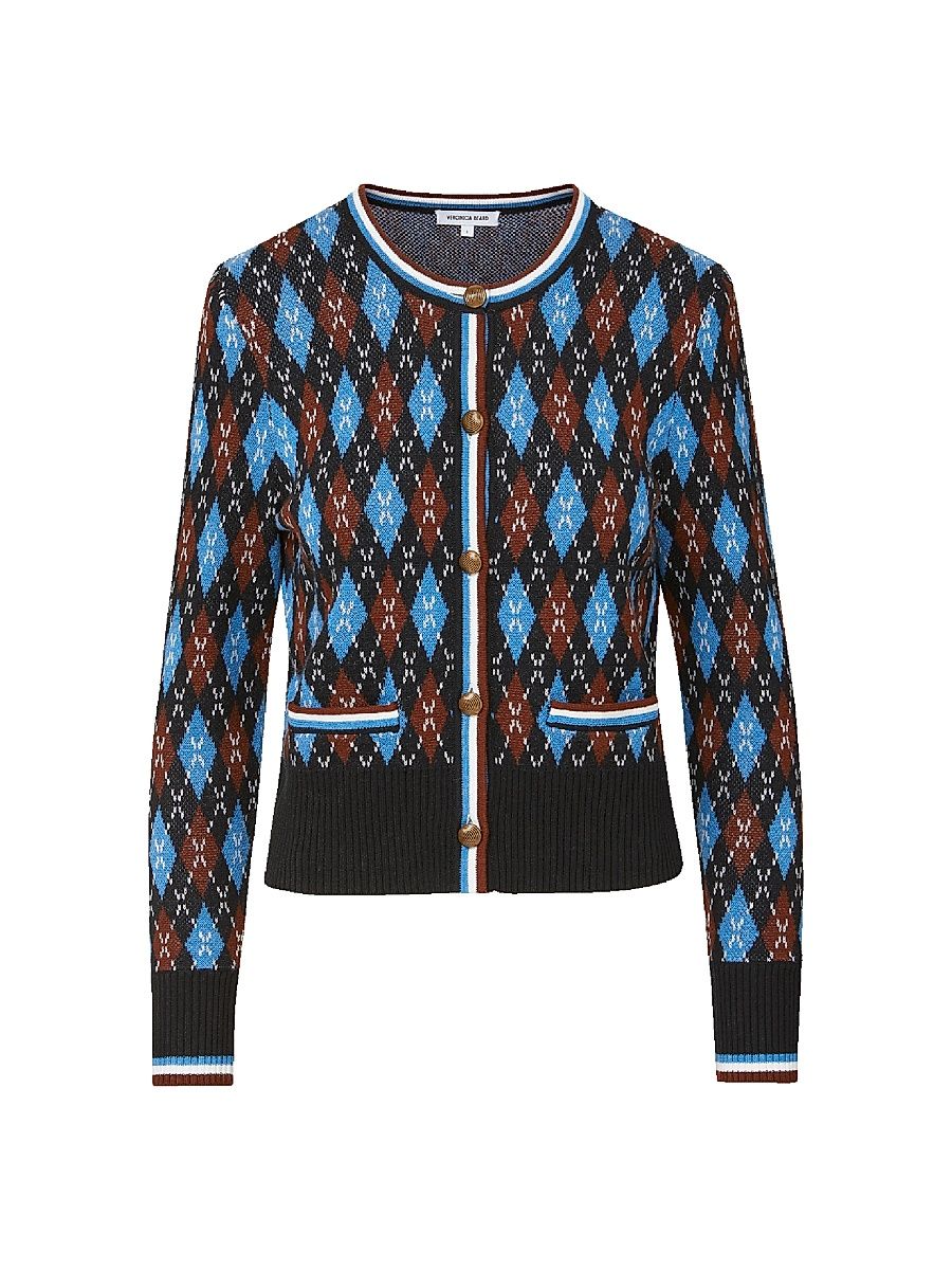 Women's Sylvane Argyle Wool-Cotton Cardigan - Black Multi - Size XL