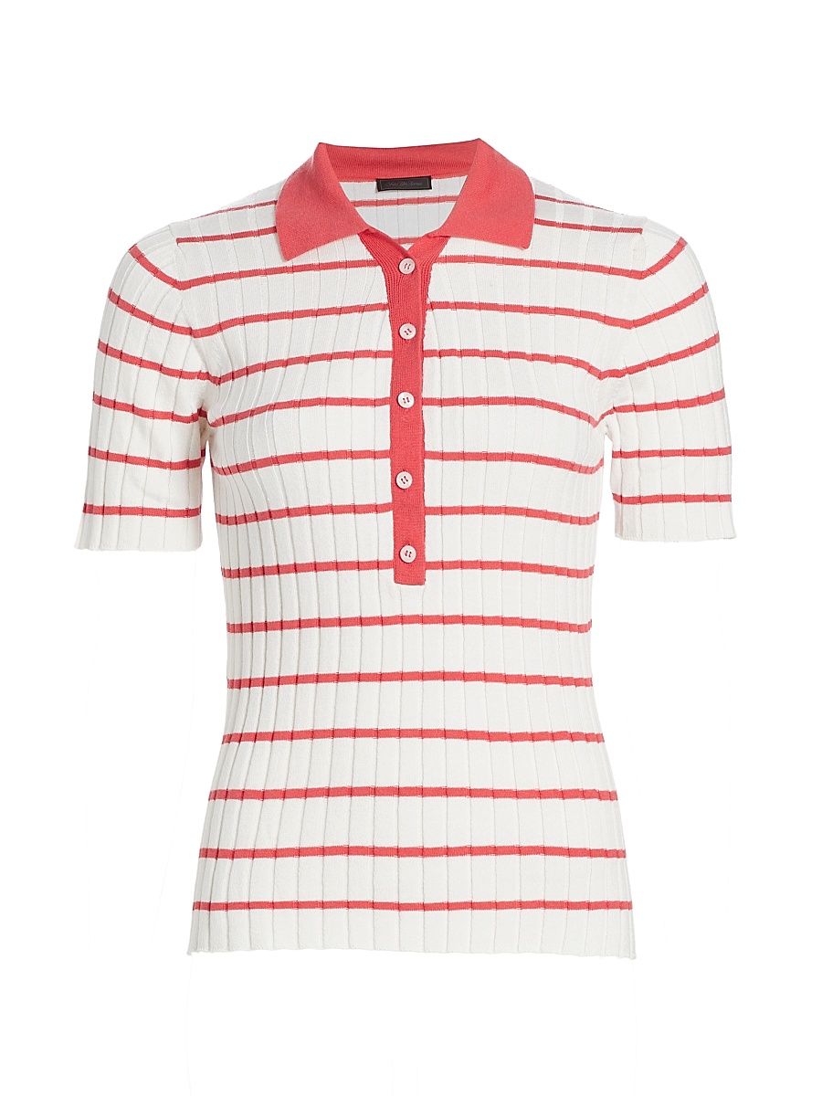 Women's Striped Cotton-Blend Knit Polo Shirt - Cayenne - Size Small