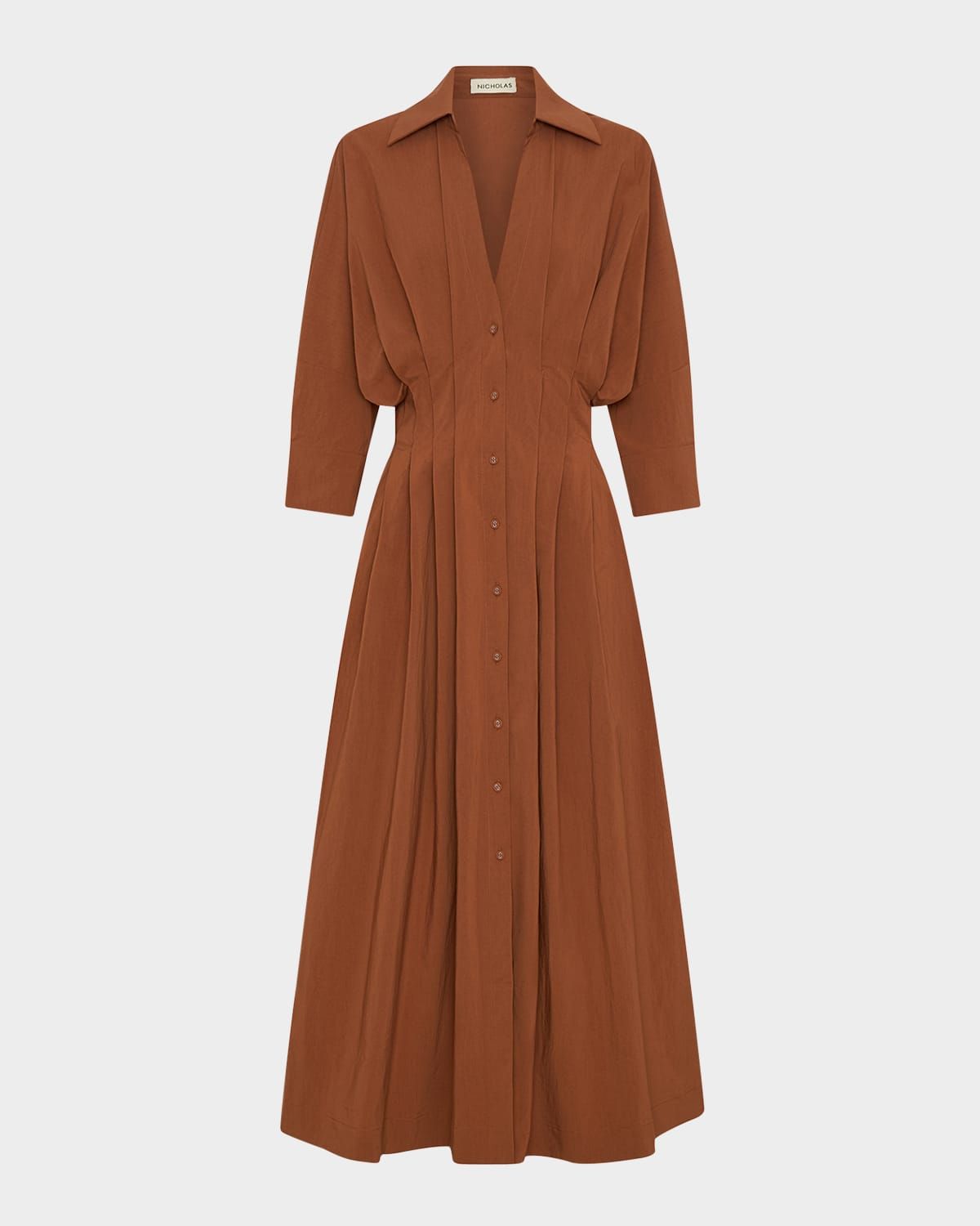 Lanae Pleated Dolman-Sleeve Maxi Shirtdress