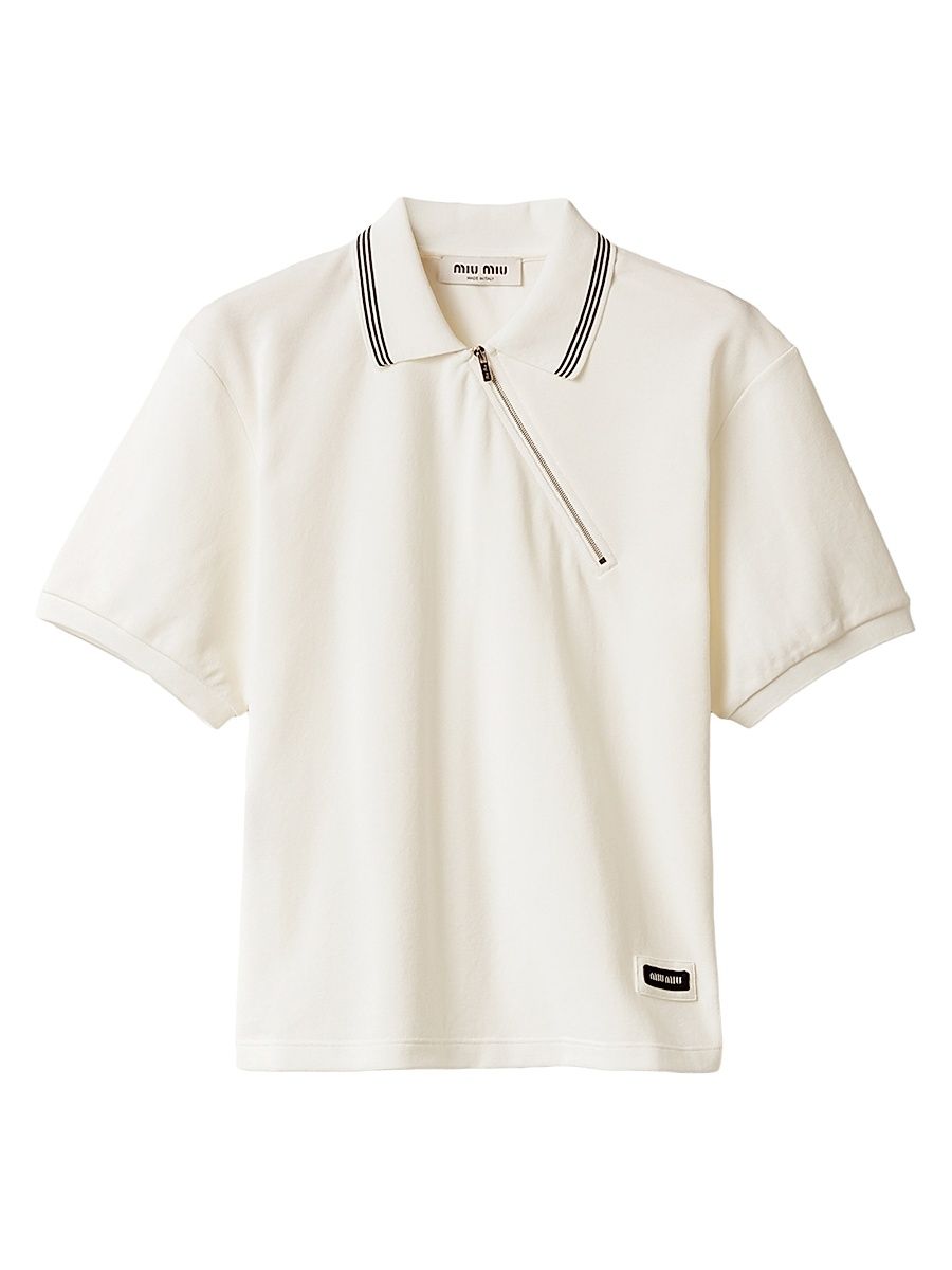 Women's Cotton Piqué Zippered Polo Shirt - White - Size Large