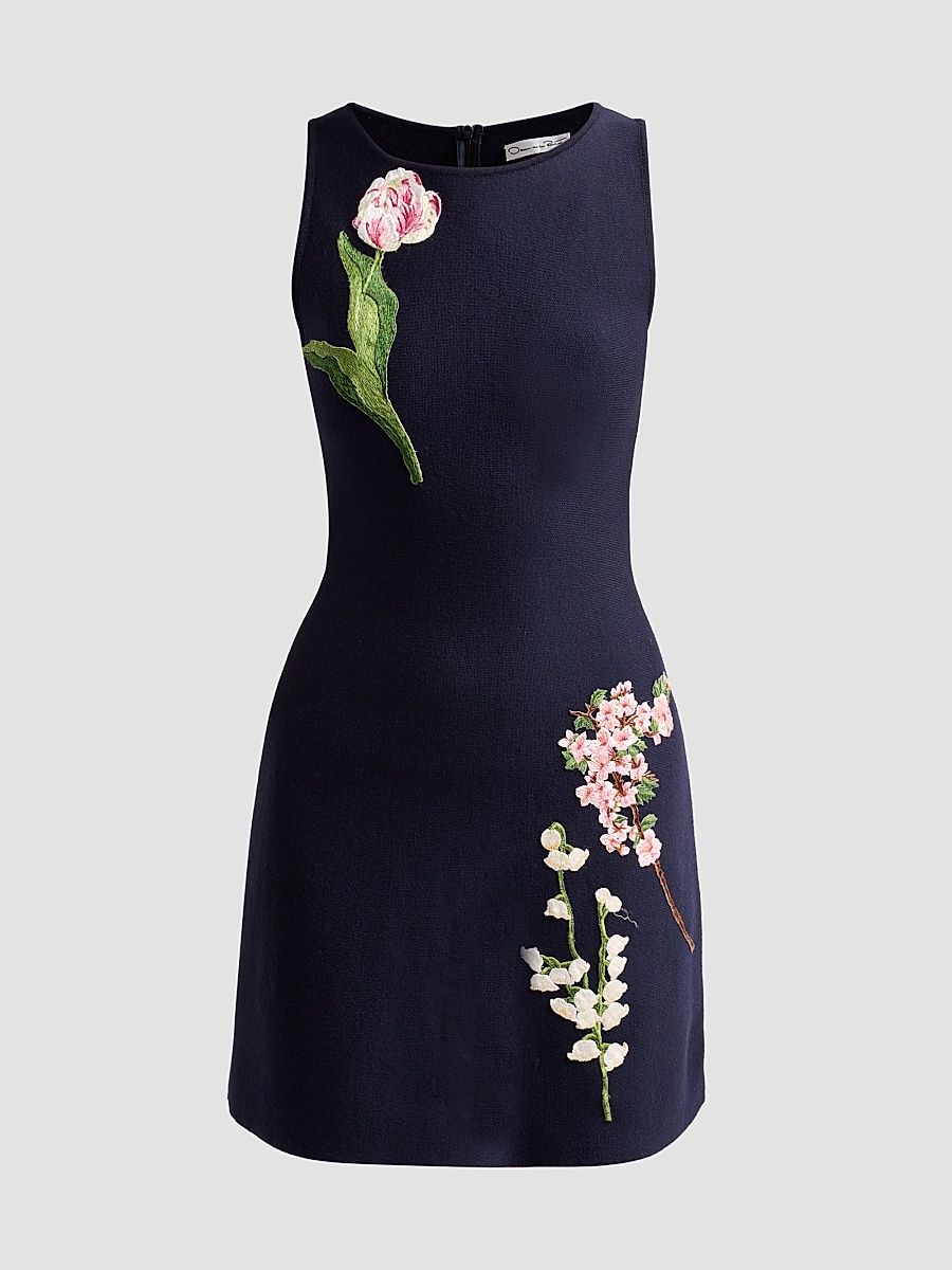 Women's Floral-Embroidered A-Line Mini Dress - Navy - Size Small