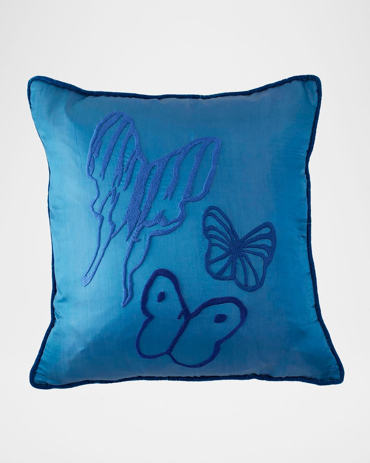 Hand-Embroidered Silk Pillow with Velvet Back, 22" Square