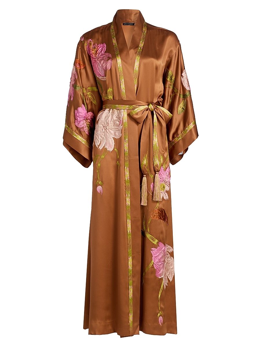 Women's Brushstroke Couture Embroidered Silk Robe - Gold Rush - Size Medium