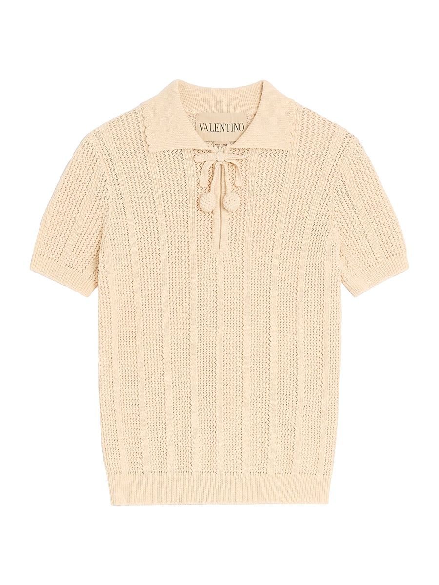 Women's Embroidered Cotton Knit Polo Shirt - Ivory - Size XS