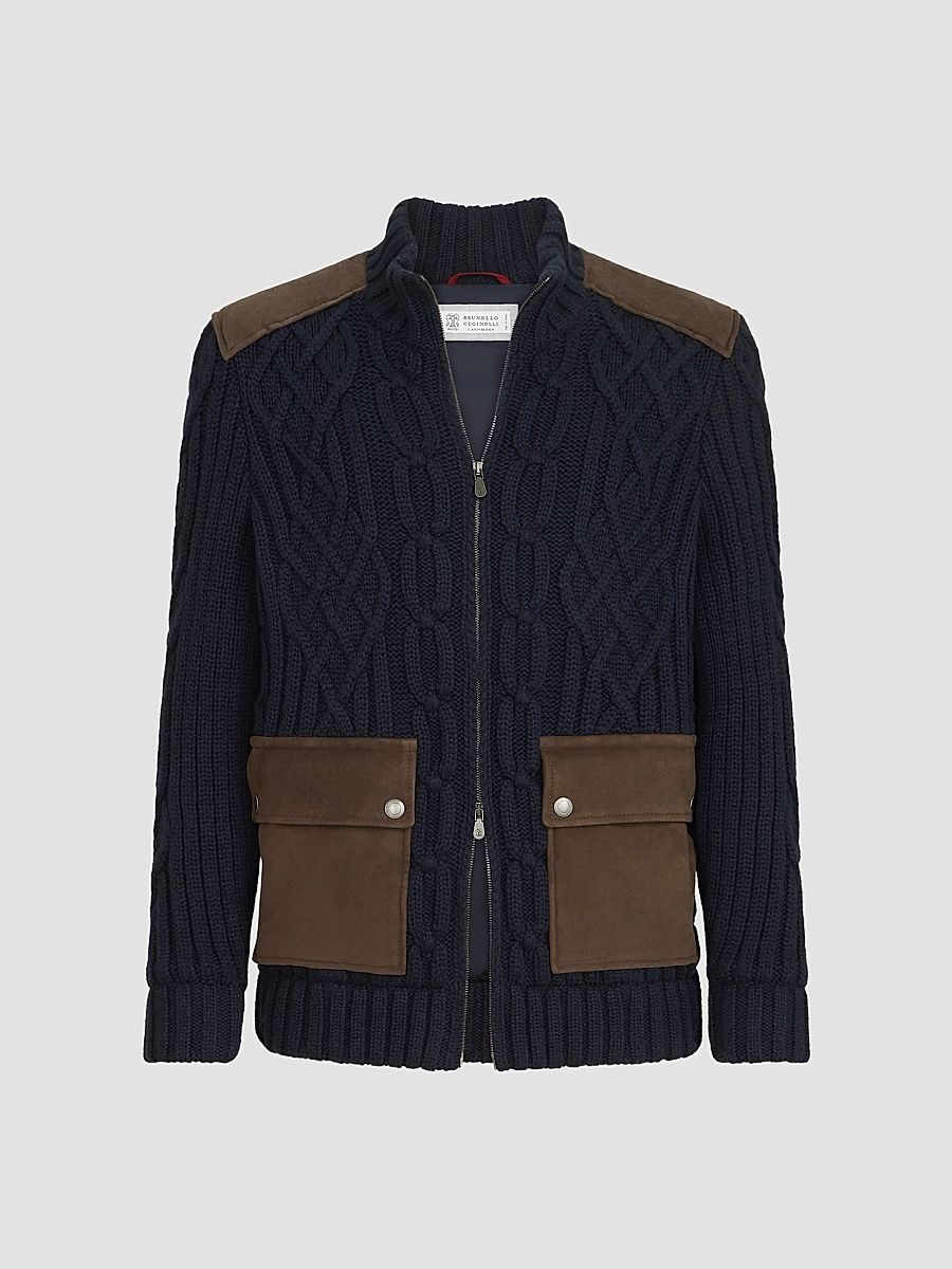 Men's Cable Knit Cardigan in Cashmere Feather with Suede Inserts - Navy Blue - Size 38