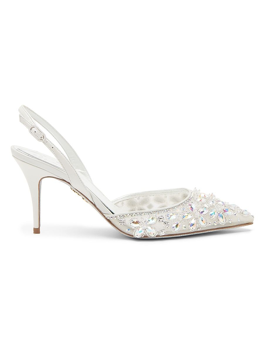 Women's Crystal Decorated 80MM Slingback Heels - White Net Lamb Crystal Strass - Size 10