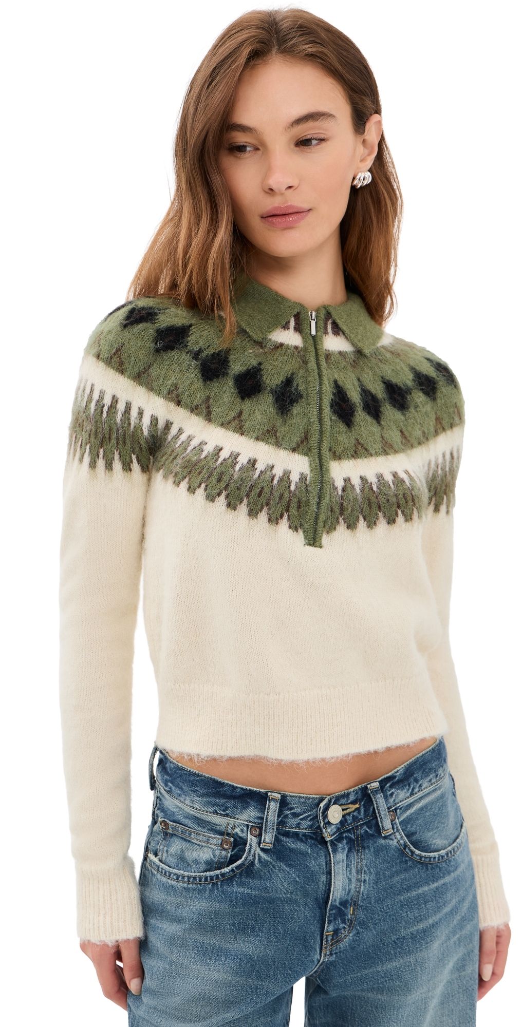 Susana Monaco Fair Isle Sweater Half Zip Sweater Chive M