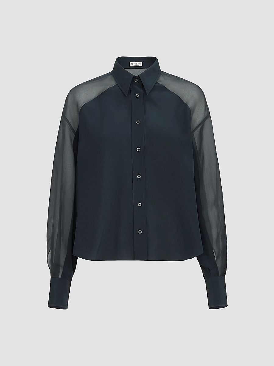Women's Silk Crêpe De Chine Paneled Shirt with Monili - Blue - Size Medium