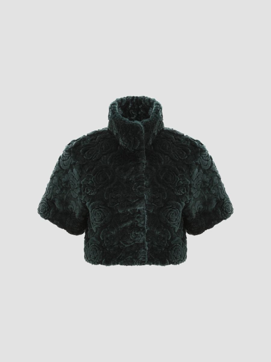 Gorski Women's Select Shearling Lamb Rose Cut Bolero, Cropped Sleeves - Emerald - Size Medium