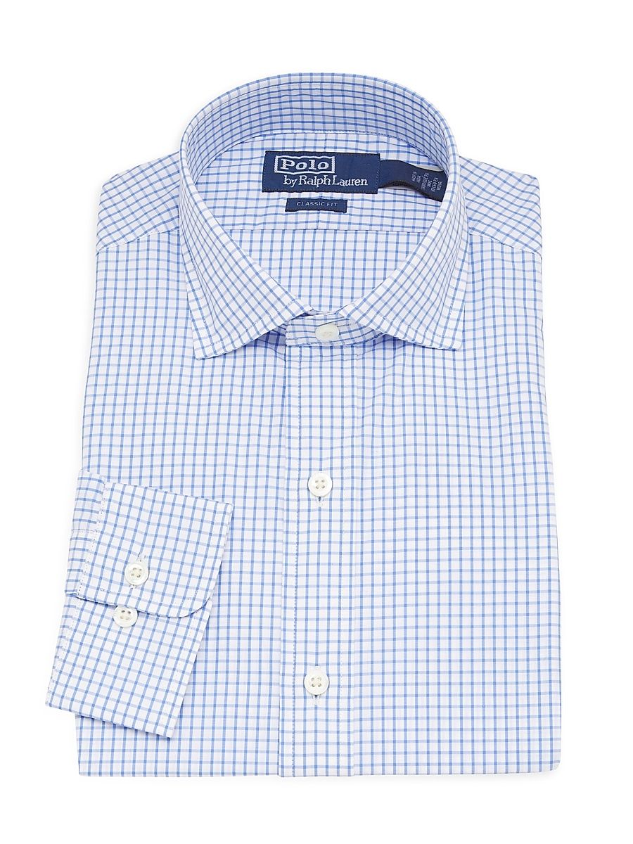Men's Luxury Checked Cotton Poplin Shirt - White Blue - Size 17