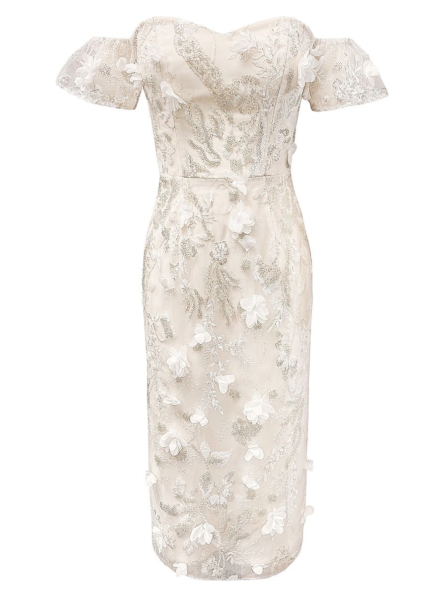 Women's Tara Floral Appliqué Midi-Dress - White Multi - Size Large