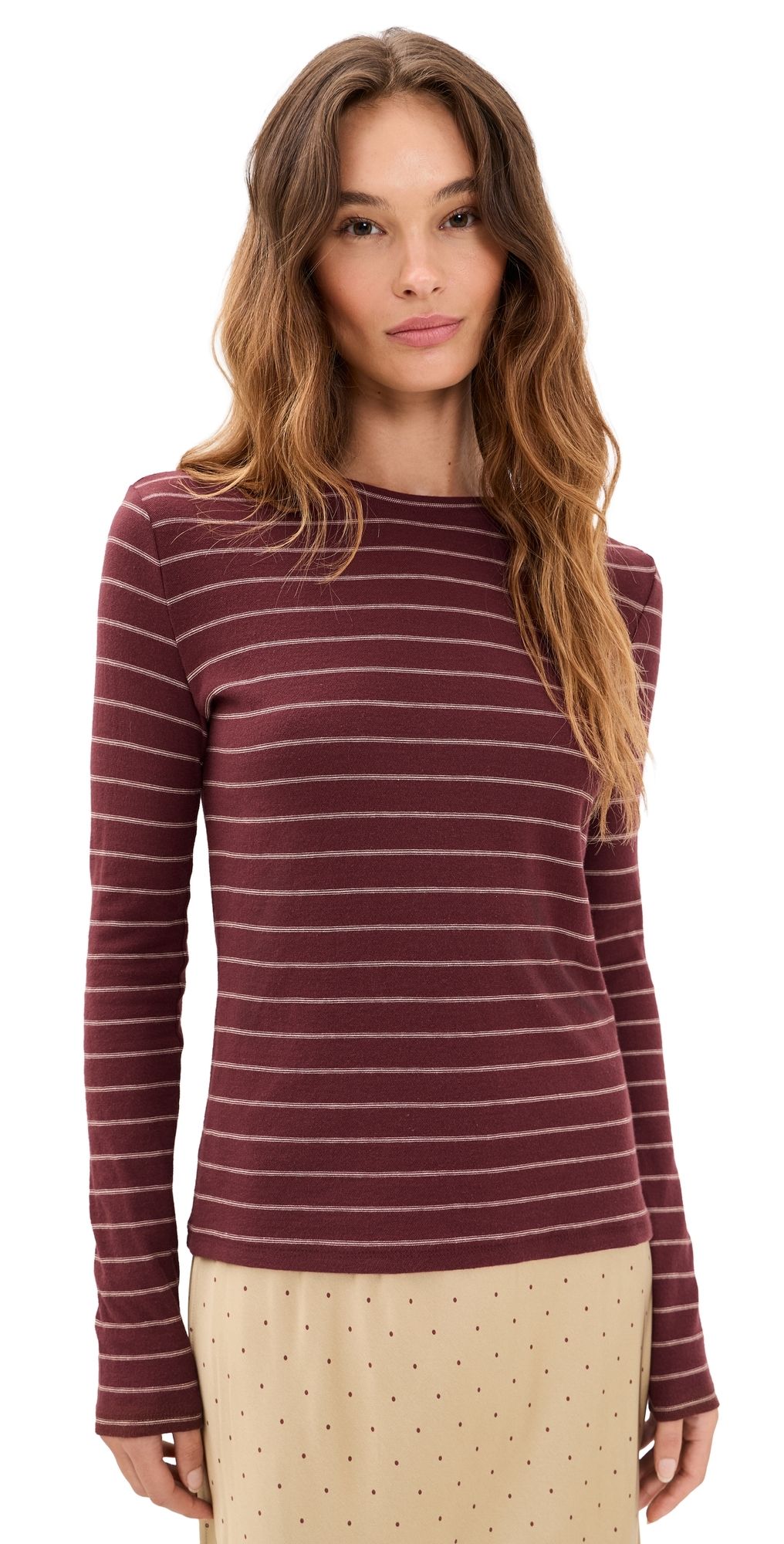 Vince Stripe Long Sleeve Crew Tee Black Rose Combo L