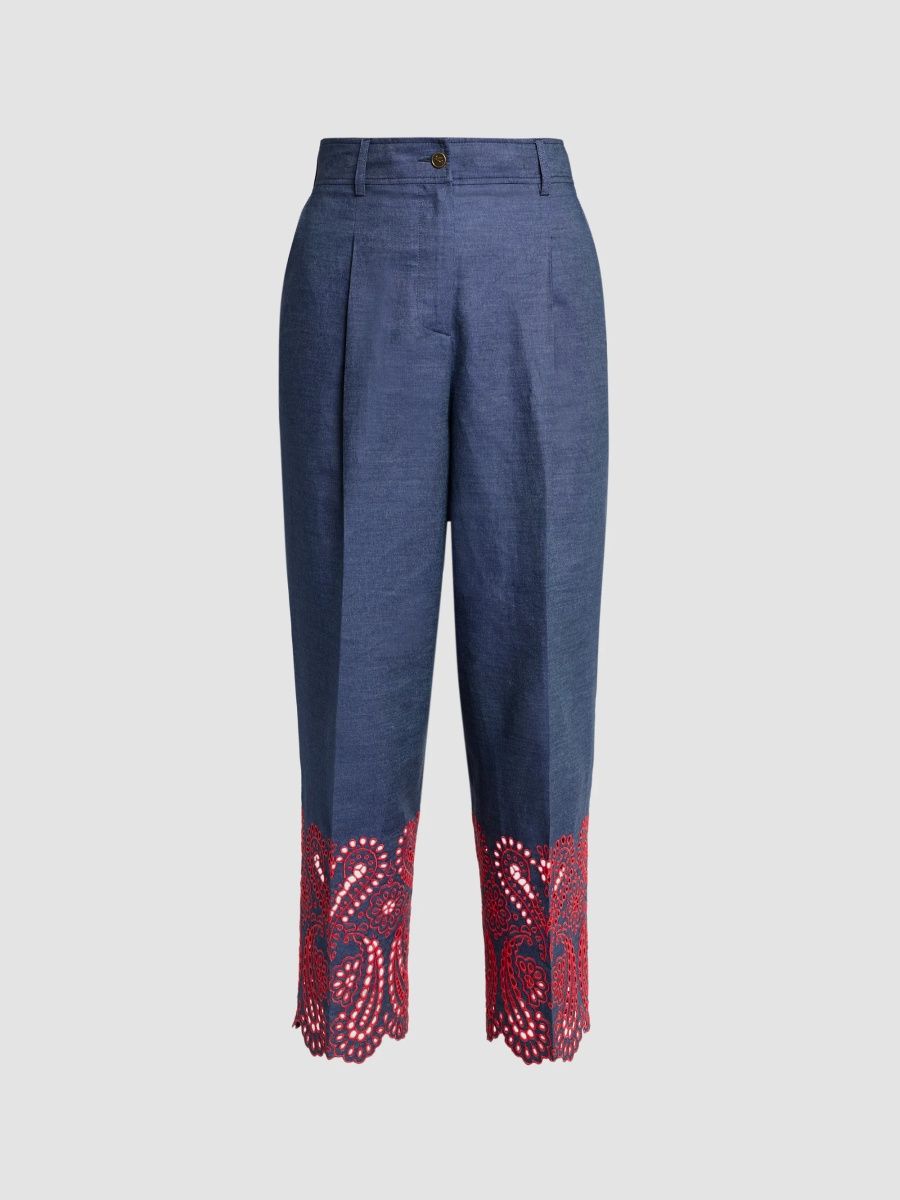 Etro Women's Embroidered Cotton-Blend Trousers - Combined Variant - Size 14