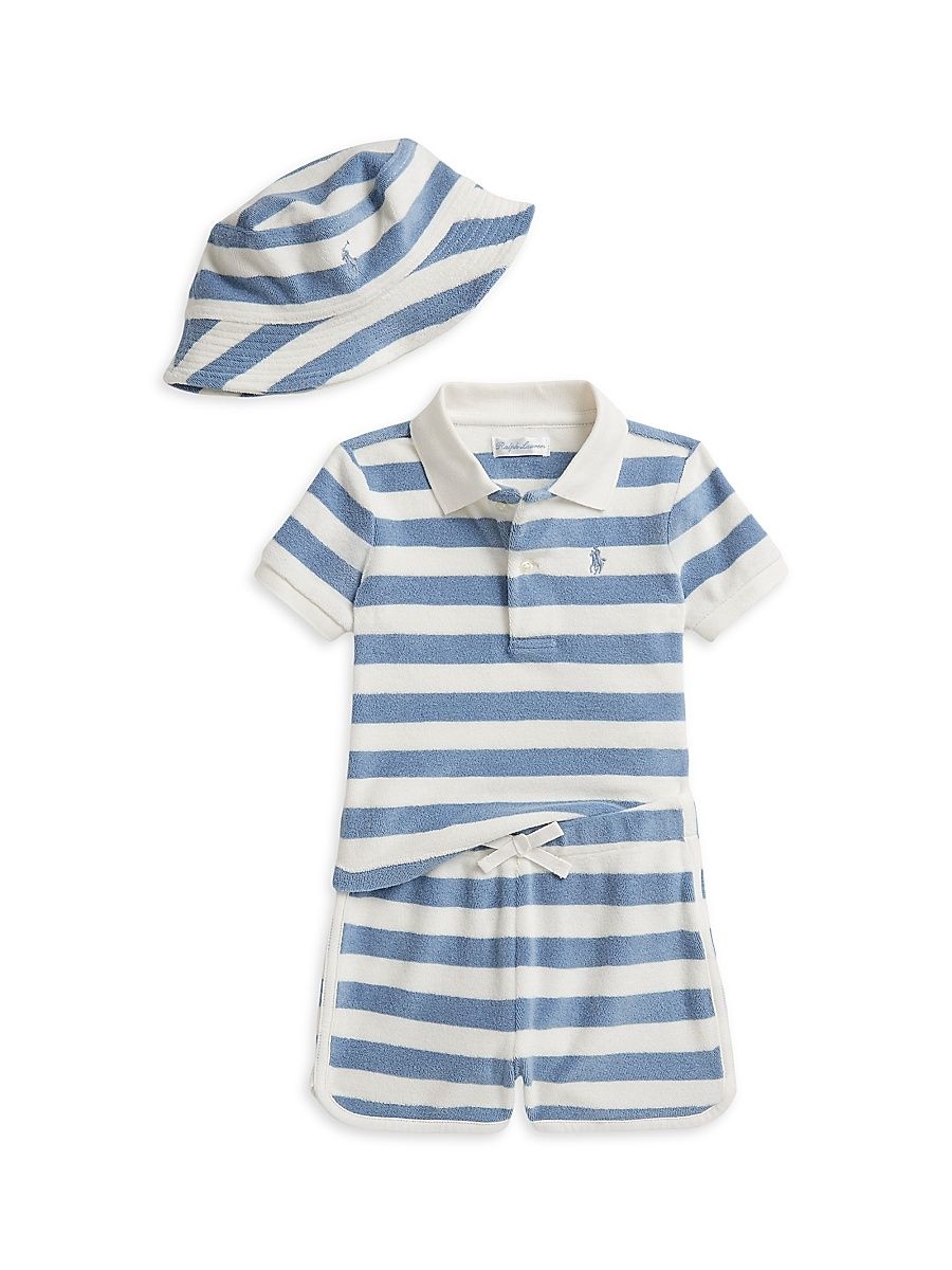 Baby Boy's Striped Terry Polo Shirt, Shorts & Hat Set - Vessel Blue - Size 9 Months