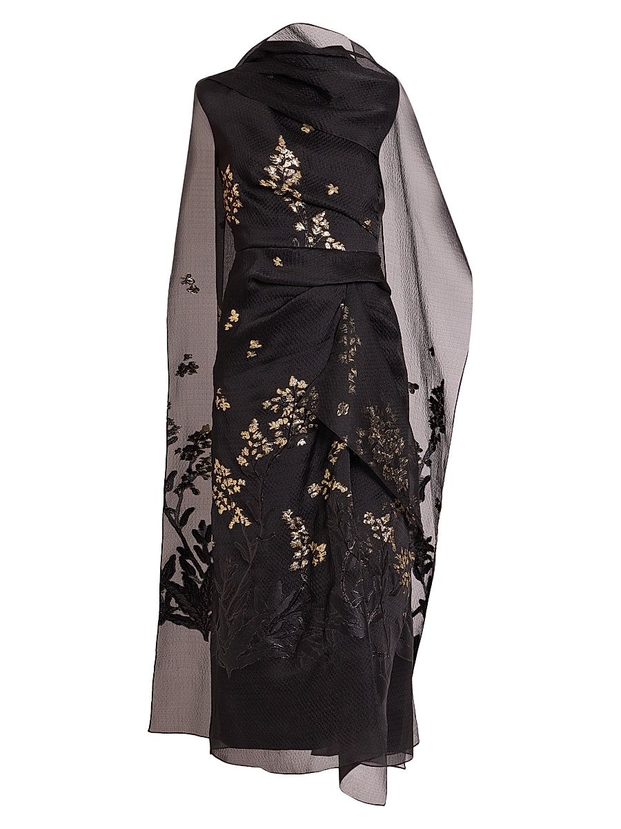 Women's Metallic Floral Chiffon Draped Cocktail Dress - Black - Size 8