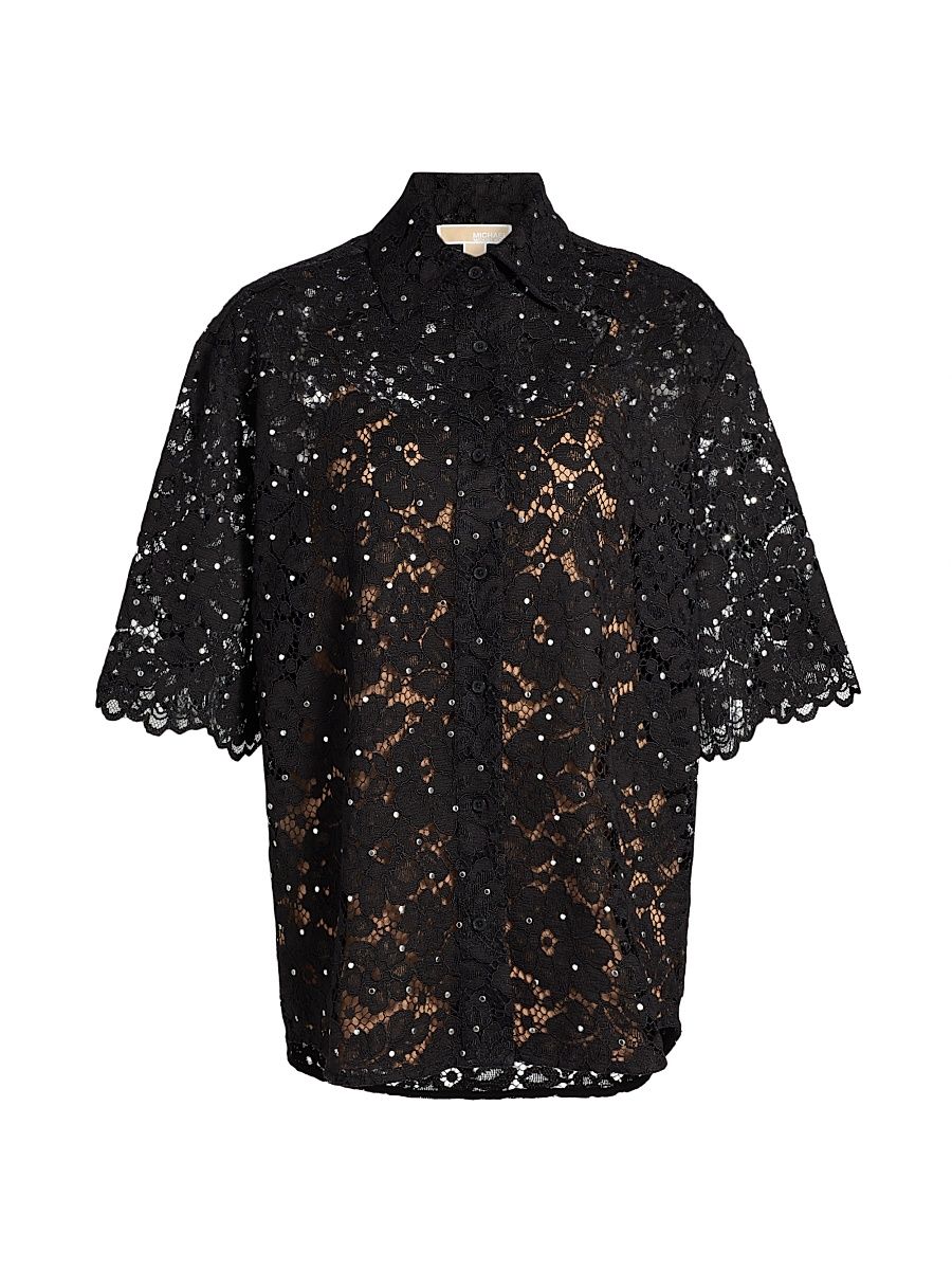 Women's Studded Floral Lace Shirt - Black - Size Medium