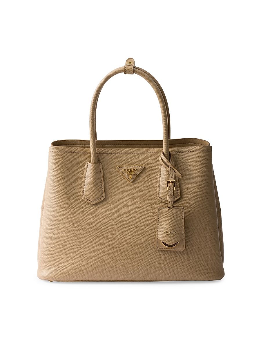 Women's Medium Double Saffiano Leather Top Handle Bag - Beige Khaki