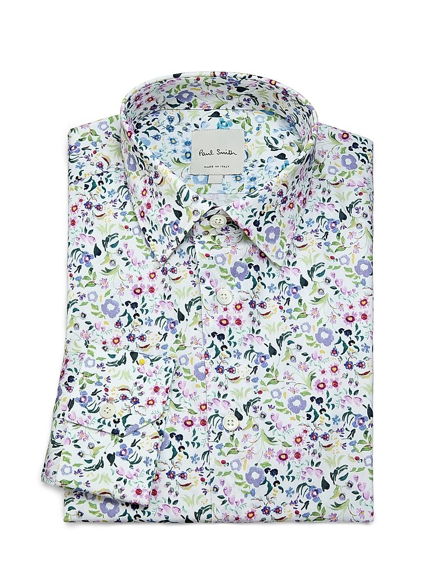 Men's Tailored-Fit Floral Cotton Shirt - Size 15