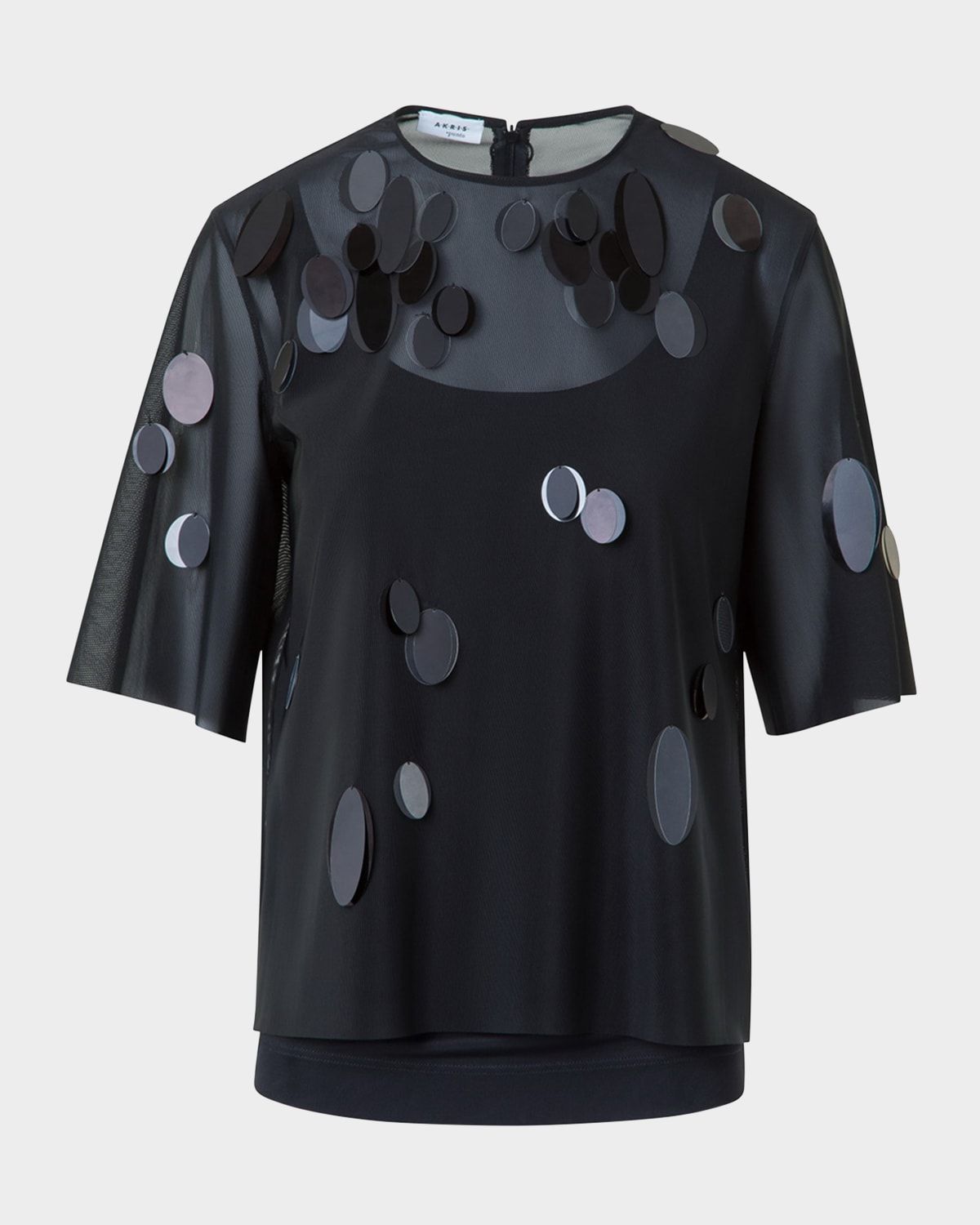 Dot Sequin Embellished Tulle Short-Sleeve Top