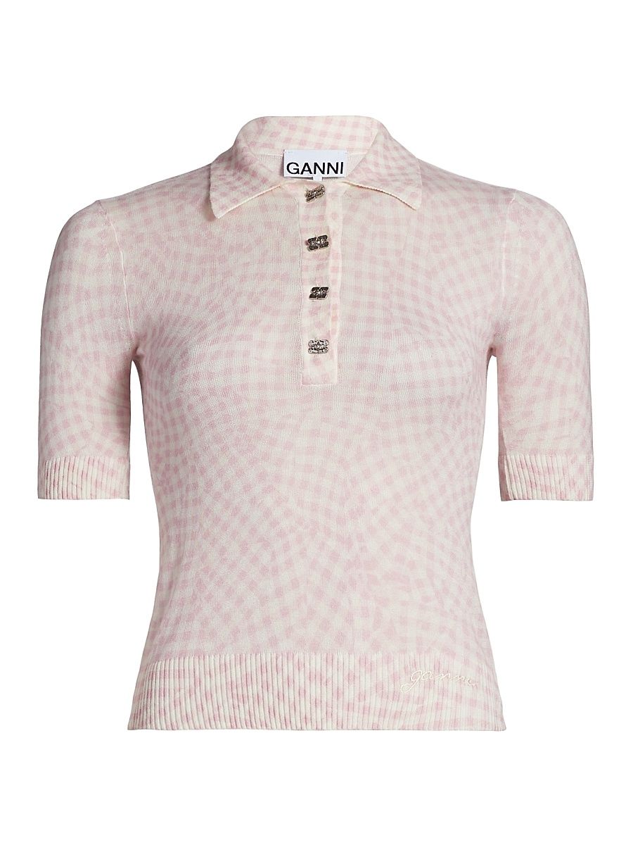Women's Checked Sheer Cotton-Blend Polo Shirt - Bleached Mauve - Size Medium