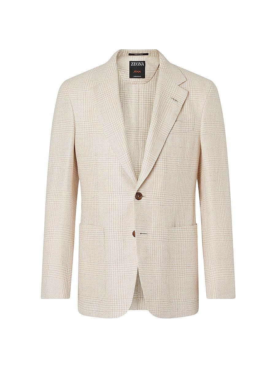 Men's Crossover Linen Wool and Silk Jacket - Beige White - Size 50