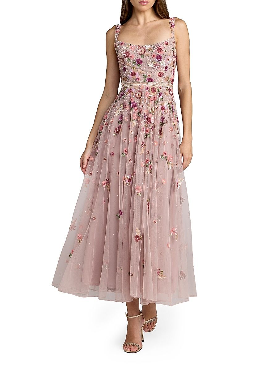 Women's Floral Embellished Scoopneck Midi-Dress - Vintage Rose - Size 14