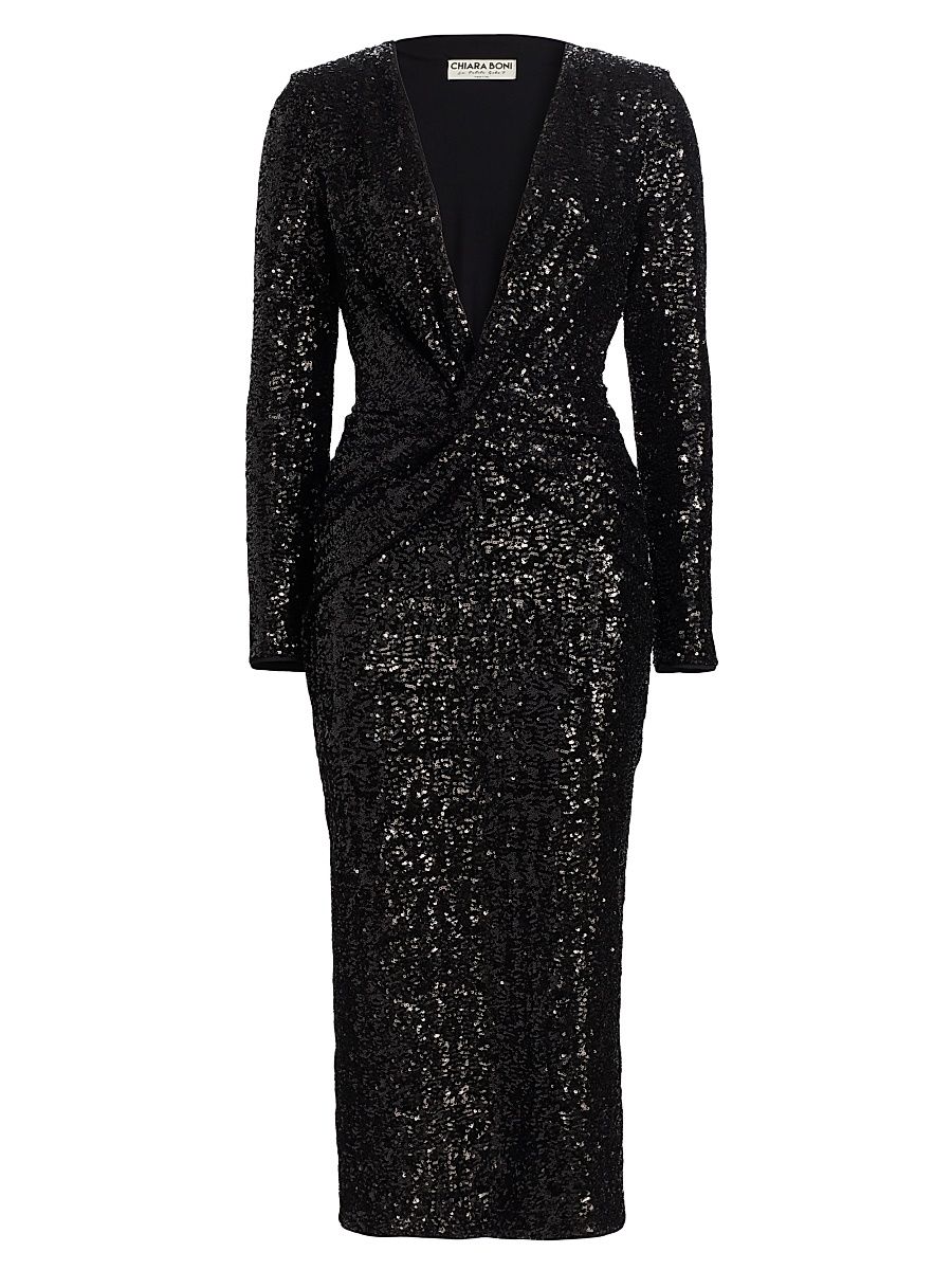 Women's Jarra Sequined Twist-Front V-Neck Midi-Dress - Black - Size 8