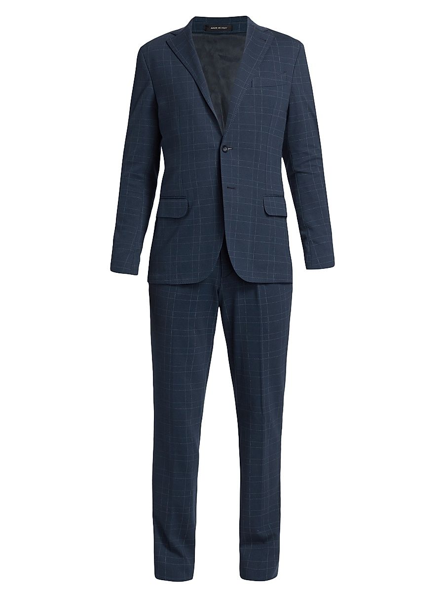 Men's Slim-Fit Cotton-Blend Windowpane Slim-Fit Suit - Navy - Size 48