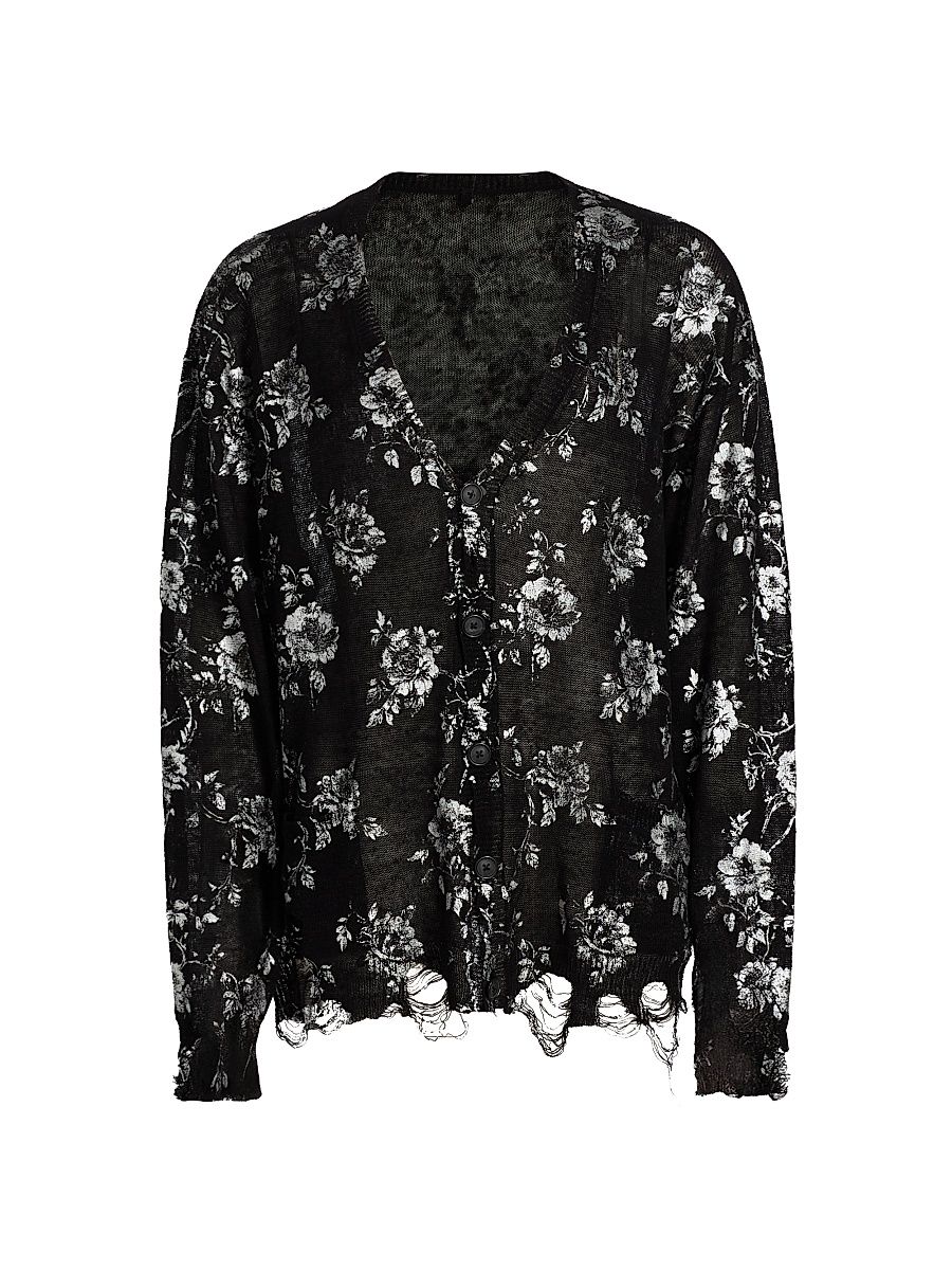 Women's Rose-Print Cotton Boyfriend Cardigan - Black Red Multicolor - Size XL