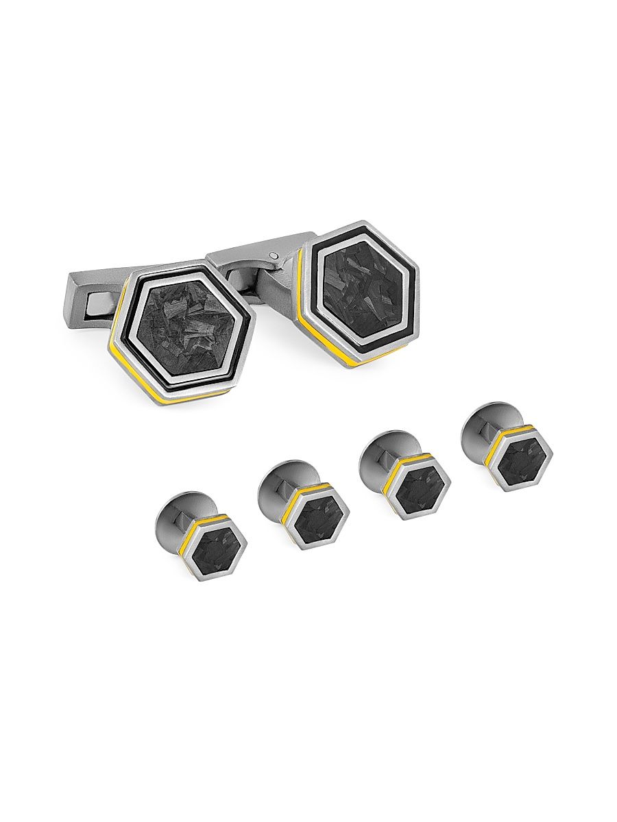 Men's Tateossian x Lamborghini Hex Titanium-Enamel Cufflinks & Shirt Stud Set - Black Yellow