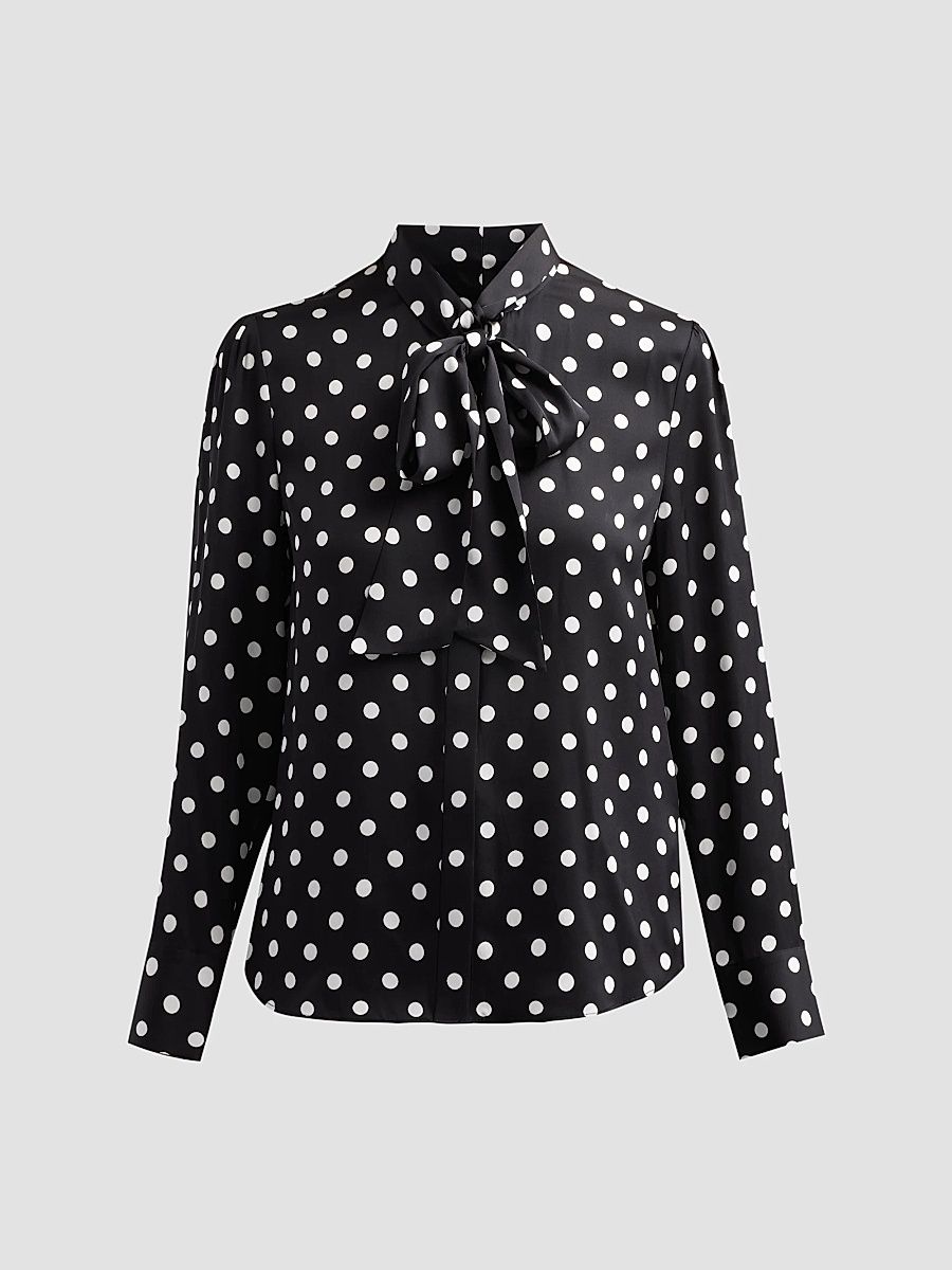 Women's Polka Dot Stretch-Silk Tieneck Blouse - Black White - Size Large