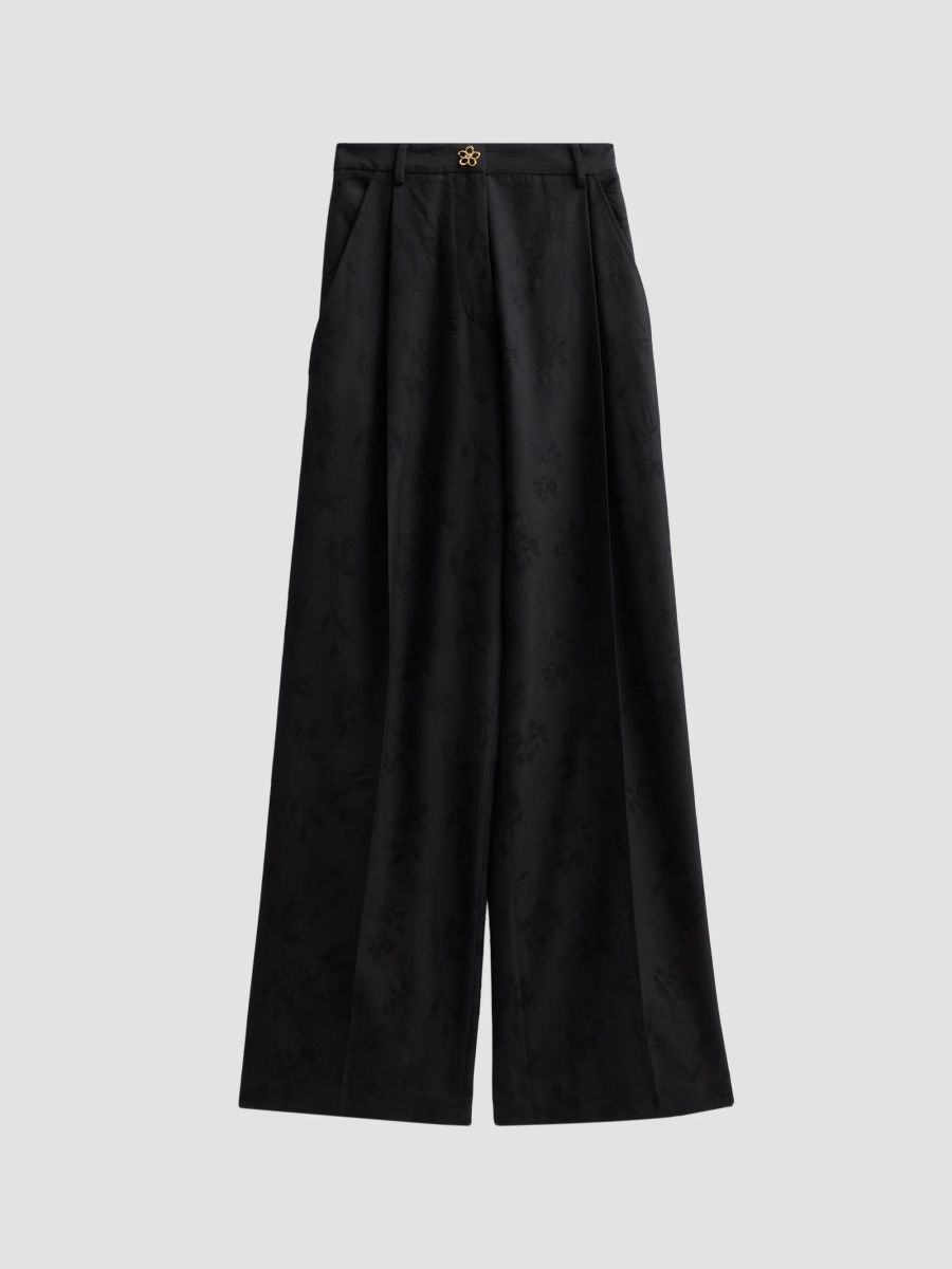 Oscar de la Renta Women's Floral-Jacquard Wool Wide-Leg Trousers - Black - Size 16