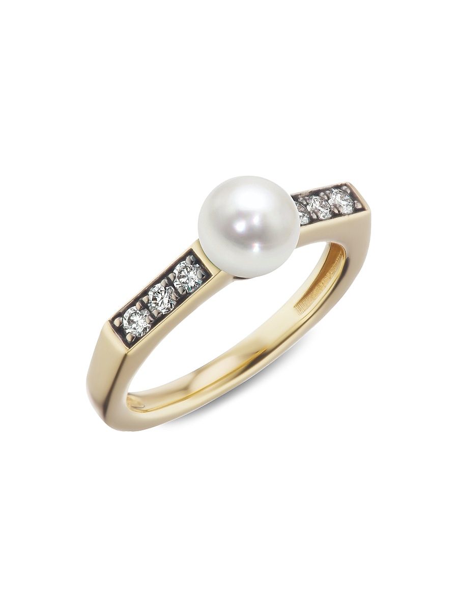 Women's Stx & Stones 18K Yellow Gold, 6MM Natural Pearl & Diamond Ring - Pearl - Size 7