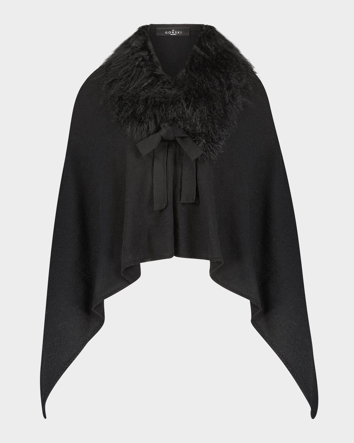 Wool-Blend Poncho with Select Mongolian Lamb Collar