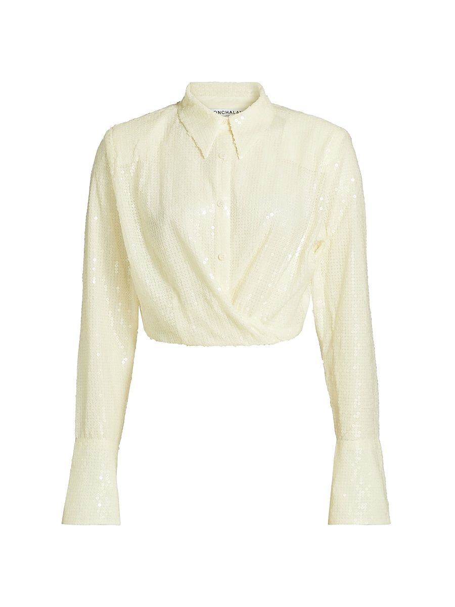 Women's Tylan Sequined Crop Shirt - Winter White - Size Large