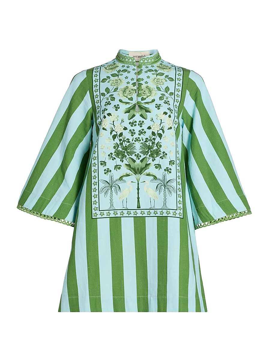 Women's Ammama Anj Striped Cotton-Blend Minidress - Ice Blue Leaf Green Floral - Size Medium