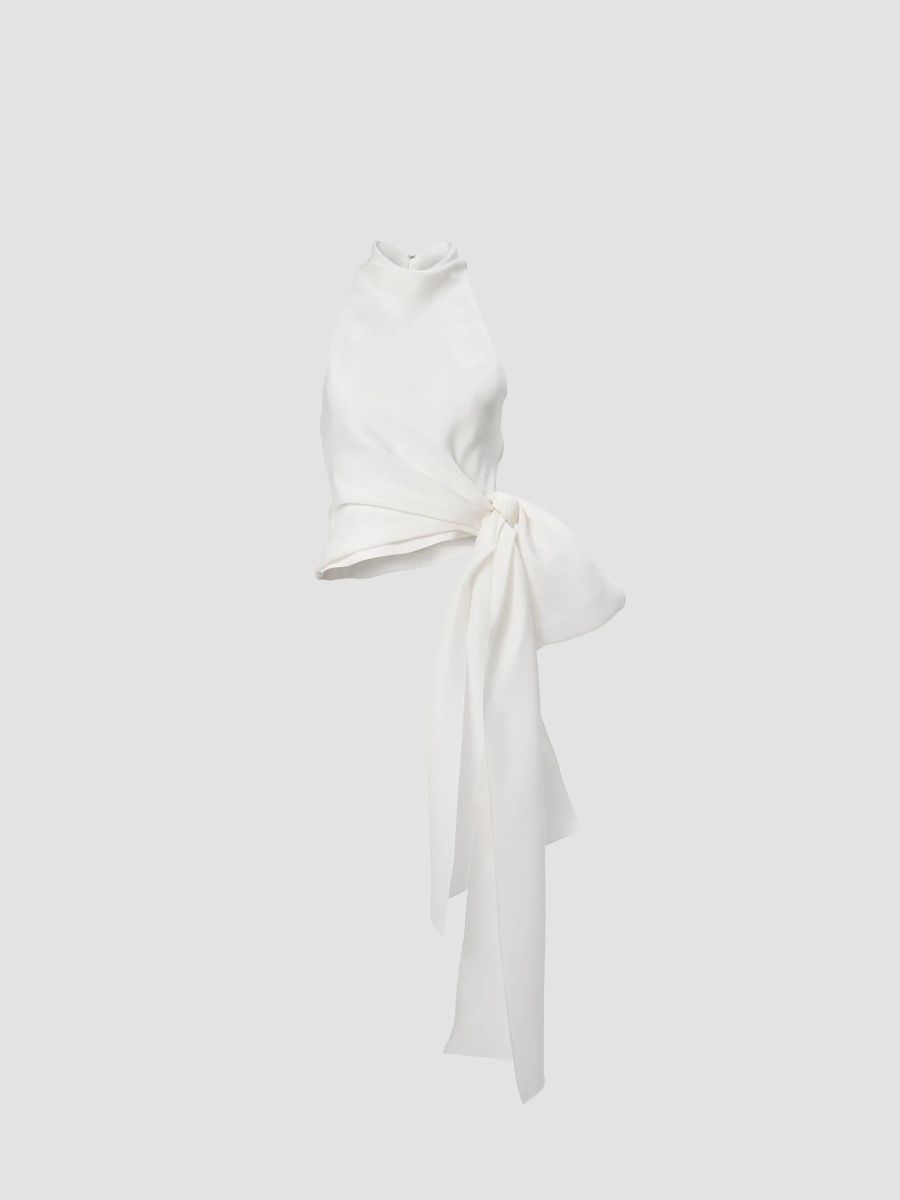 Carolina Herrera Women's Chalet Bow Halterneck Silk Top - Ivory - Size 14