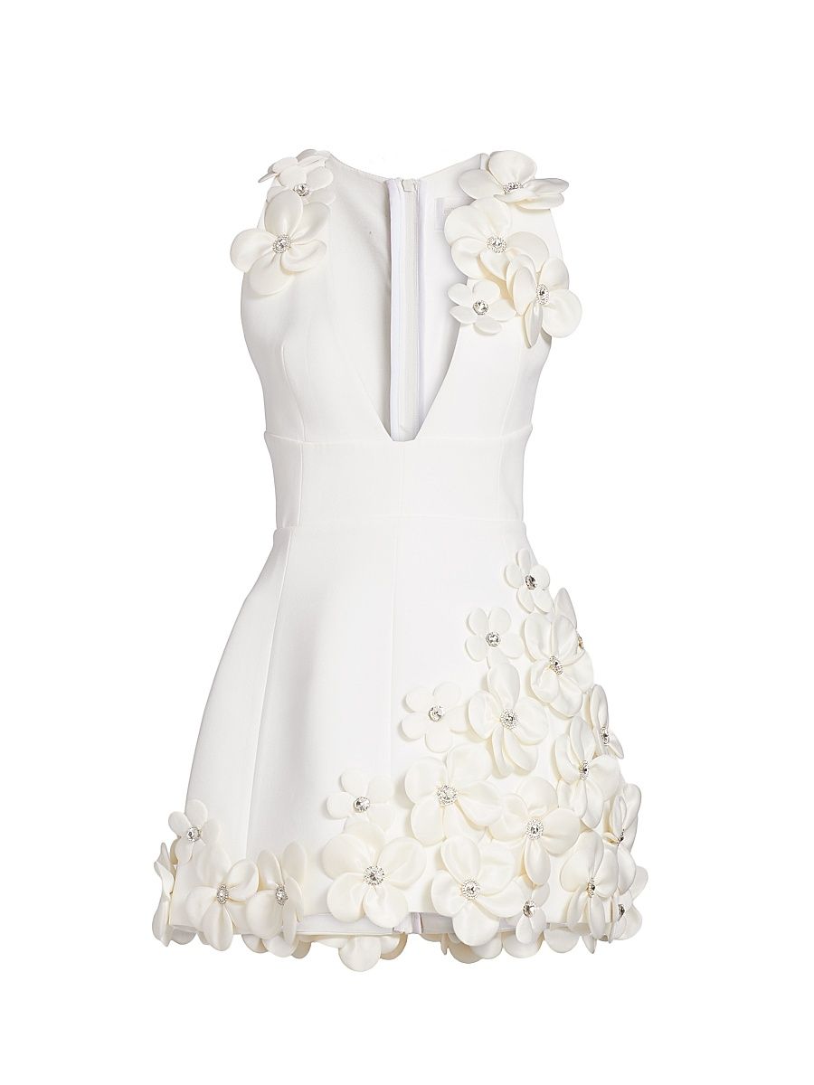Women's Estelle Crystal-Embellished Floral-Appliquéd Minidress - White - Size Medium
