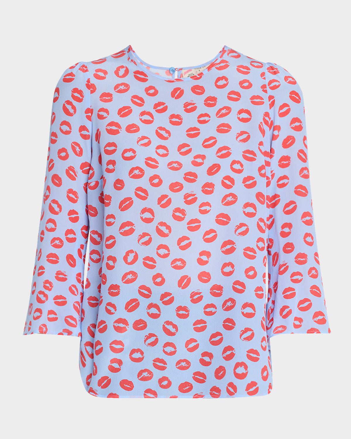 3/4-Sleeve Lip-Print Silk Blouse