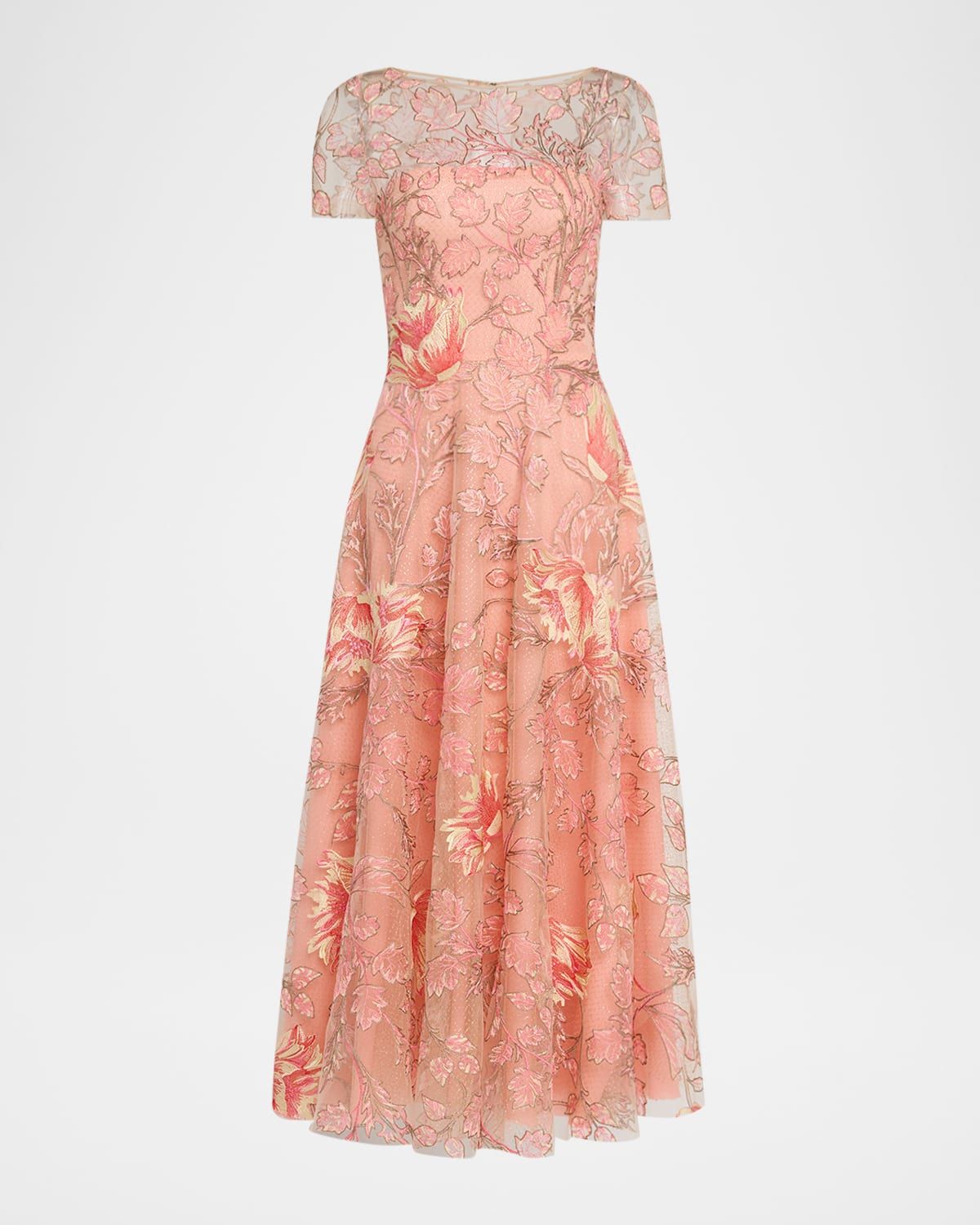 Metallic Floral Embroidered Short-Sleeve Illusion Midi Dress