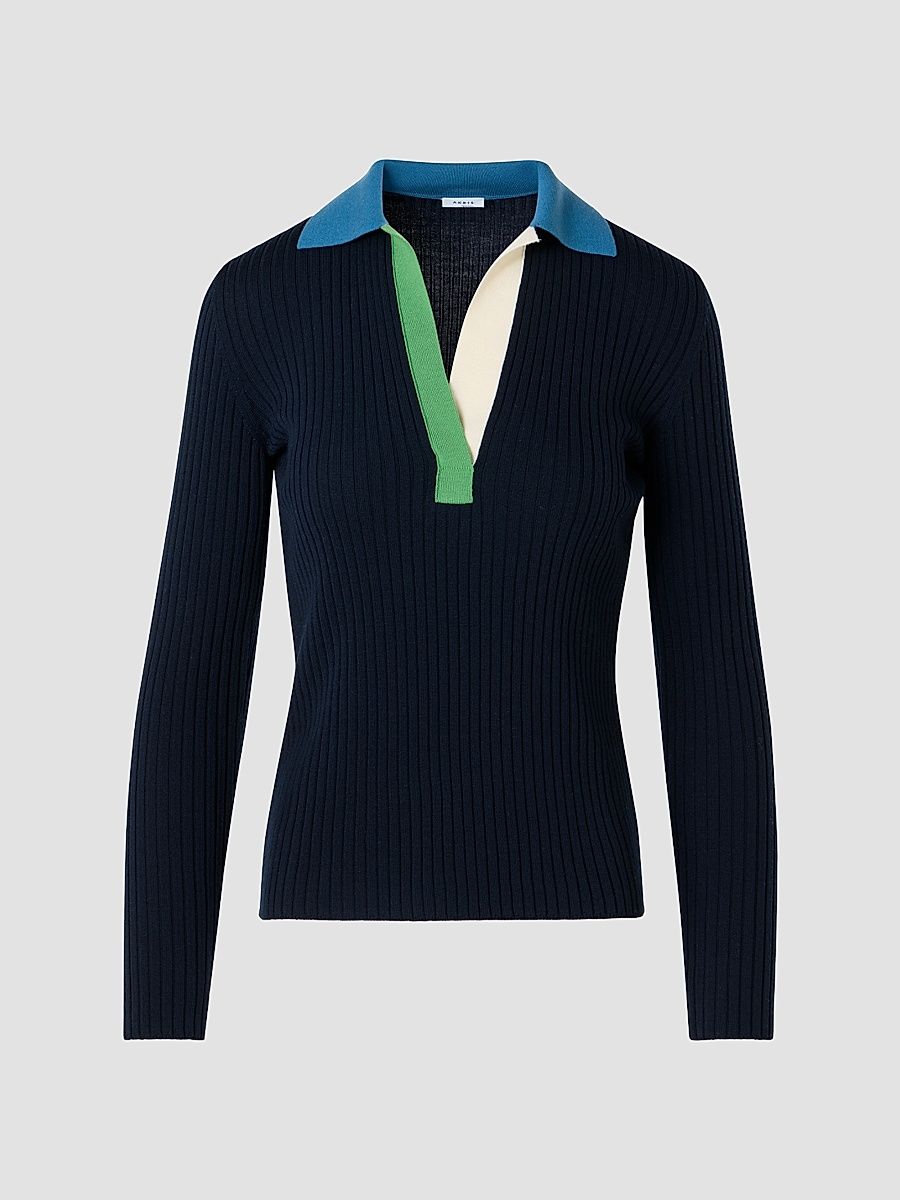 Women's Colorblocked Rib-Knit Wool Long-Sleeve Polo Shirt - Size 16