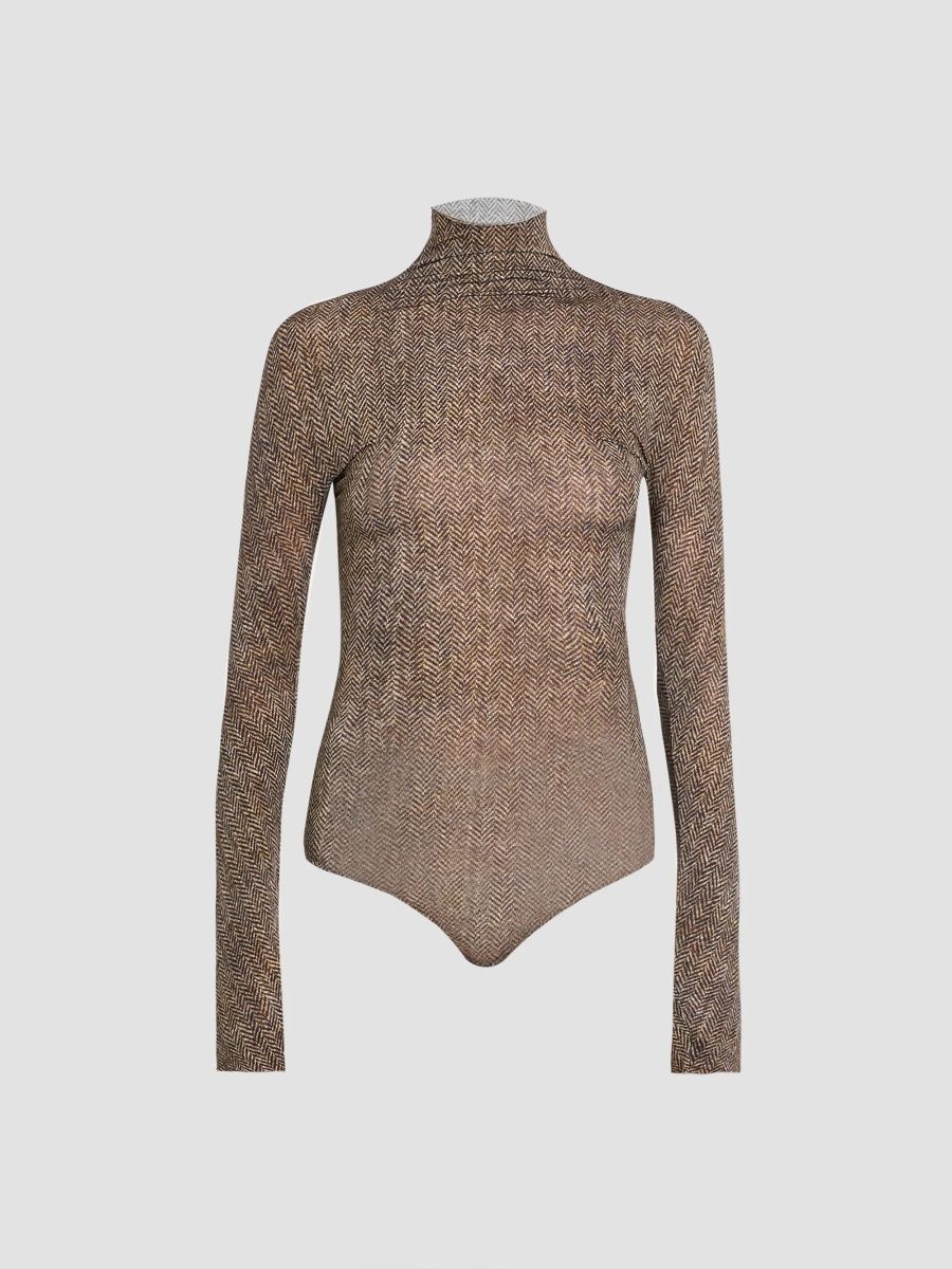 Maison Margiela Women's Herringbone Turtleneck Bodysuit - Brown - Size Large