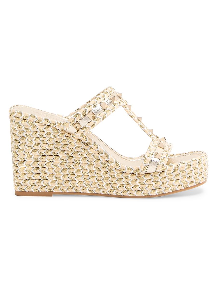 Women's Rockstud Laminated Nappa Wedge Sandals 90MM - Ivory Platinum - Size 11