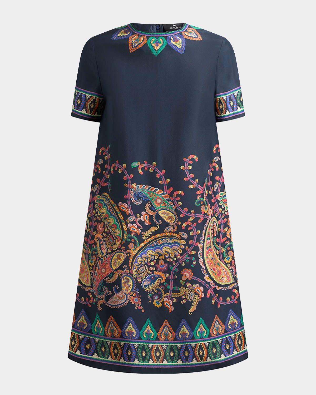 Paisley Silk Habotai Short-Sleeve Mini Tunic Dress