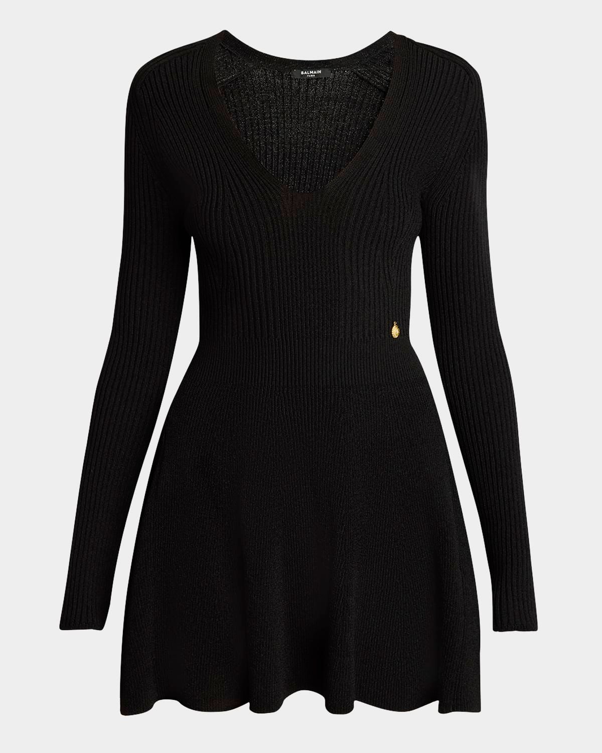 Plunging Long-Sleeve Rib Knit Mini Dress