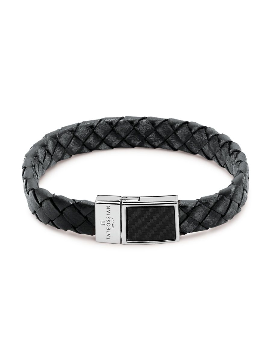 Men's Carbon Braided Leather Bracelet - Grey - Size Medium