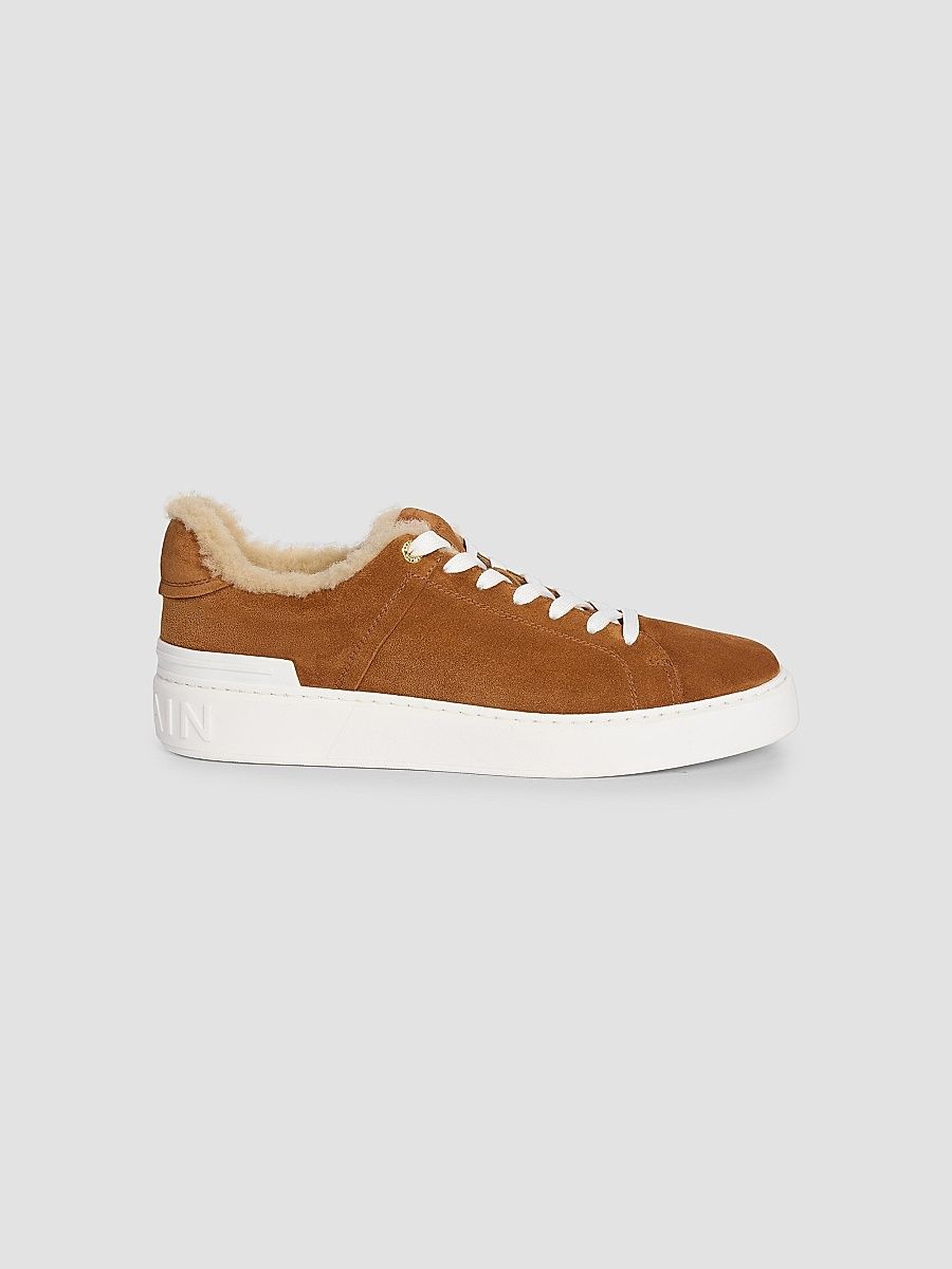 Balmain Men's Court Suede Shearling-Trim Low Sneakers - Beige Clair Came - Size 13